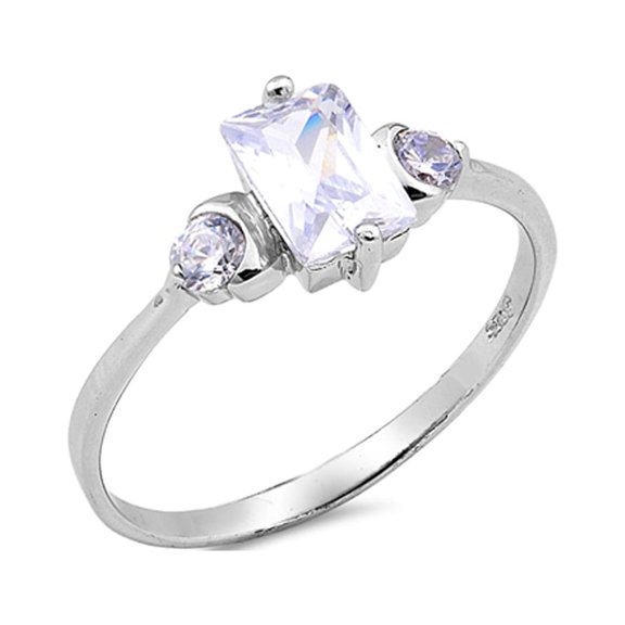 Clear Cubic Zirconia Rectangle Solitaire Ring .925 Sterling Silver Band White Jewelry Female Size 9