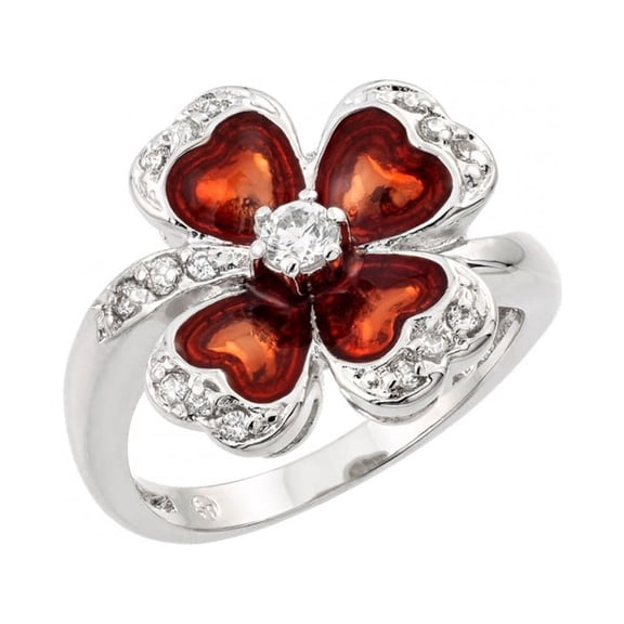Clear Cubic Zirconia Red Clover Ring Rhodium Plated Sterling Silver Size 6