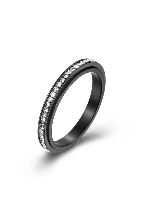 Cubic Zirconia Rotating Finger Ring Titanium Steel Black Eternity Spinner Statement Polished Comfort Fit Size 9 R10