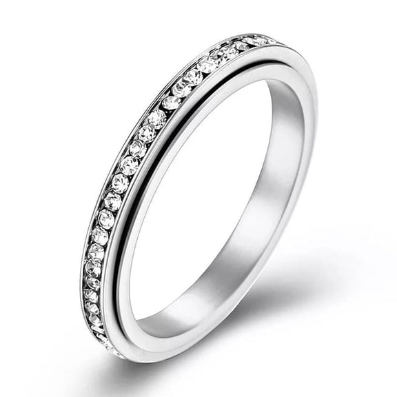 Cubic Zirconia Rotating Finger Ring Titanium Steel Silver Eternity Spinner Statement Polished Comfort Fit Size 10 R10