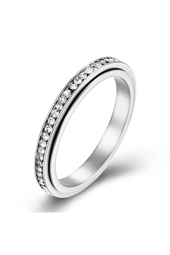 Clear Cubic Zirconia Rotating Finger Ring Titanium Steel Eternity Spinner R10
