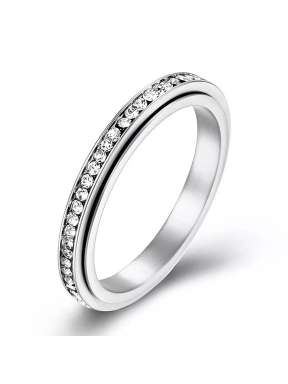 Cubic Zirconia Rotating Finger Ring Titanium Steel Silver Eternity Spinner Statement Polished Comfort Fit Size 6 R10