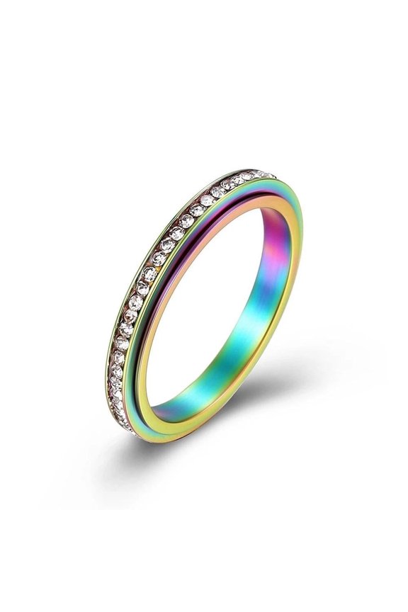 Rainbow Tone Crystal Eternity Spinner Band Ring Stainless Steel R10