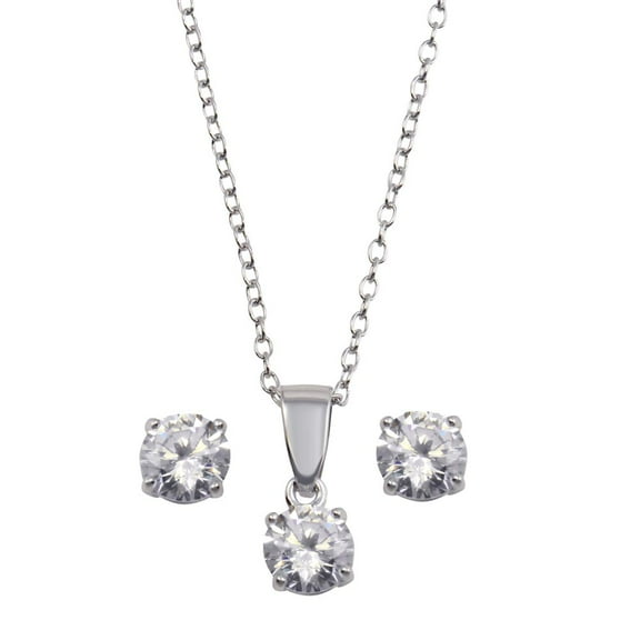 Clear Cubic Zirconia Round Earrings Necklace Set Sterling Silver 5mm