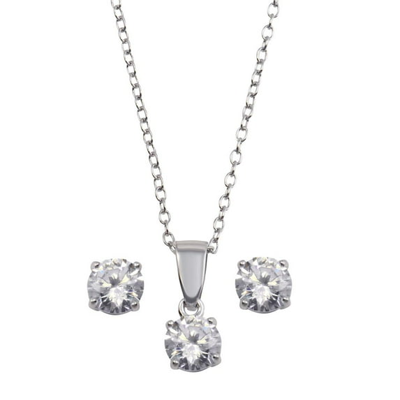 Clear Cubic Zirconia Round Earrings Necklace Set Sterling Silver 5mm