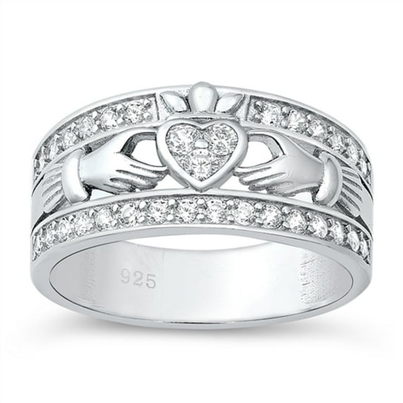 Clear Cubic Zirconia Royal Claddagh Ring Sterling Silver Size 4