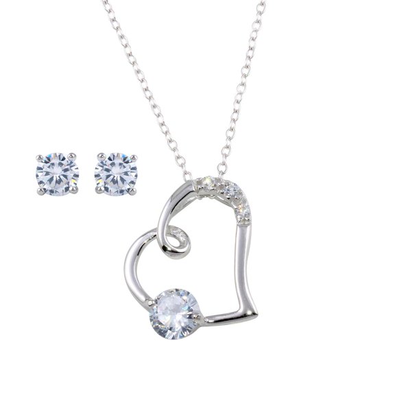 Clear Cubic Zirconia Sideway Heart Matching Set Sterling Silver