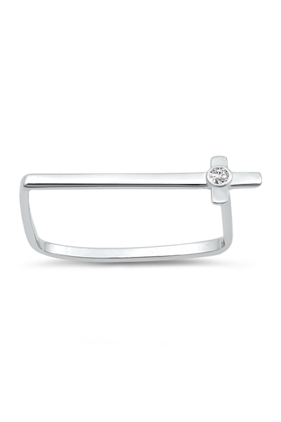 Clear Cubic Zirconia Sideway Long Cross Ring Sterling Silver Size 4