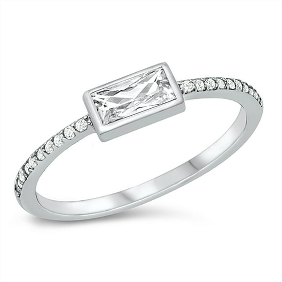 Clear Cubic Zirconia Sideways Rectangular Center Ring Sterling Silver Size 4