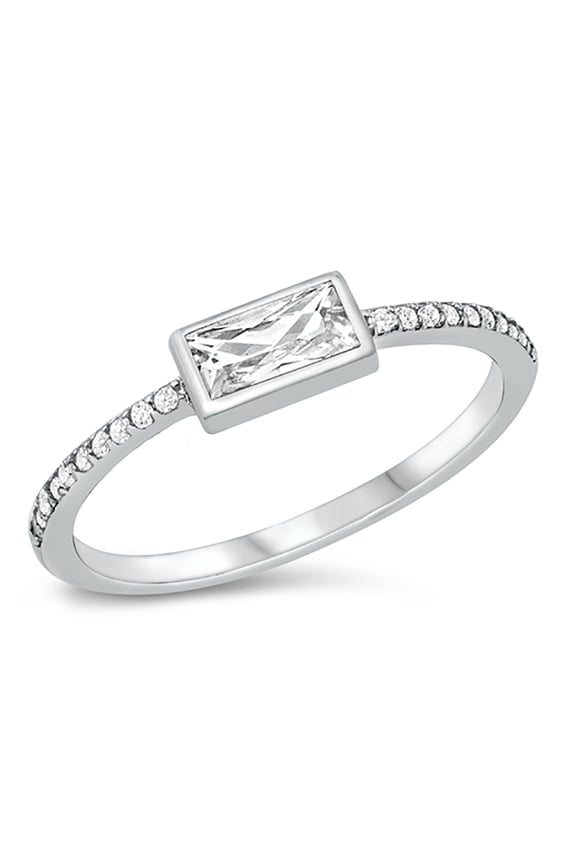 Clear Cubic Zirconia Sideways Rectangular Center Ring Sterling Silver Size 6