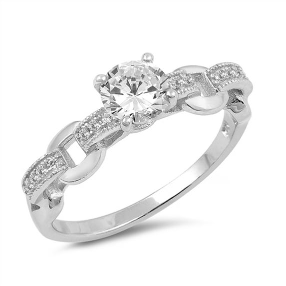 Clear Cubic Zirconia Solitaire Chain Link Wedding Ring .925 Sterling Silver Band White Female Size 9