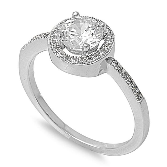 Clear Cubic Zirconia Solitaire Round Halo Wedding Ring .925 Sterling Silver Band White Female Size 8