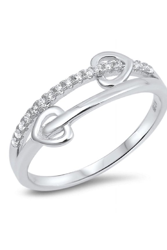 Clear Cubic Zirconia Split Band Two Heart Ring Sterling Silver