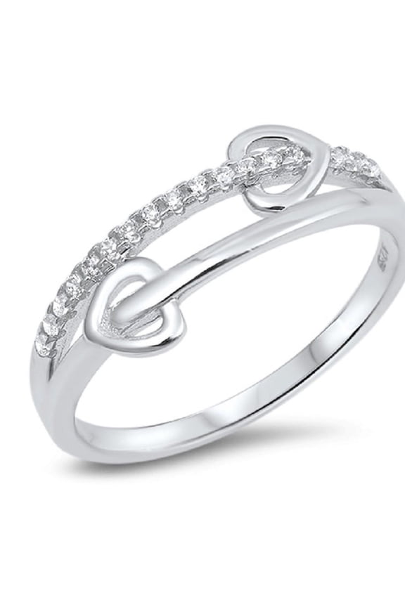 Clear Cubic Zirconia Split Band Two Heart Ring Sterling Silver