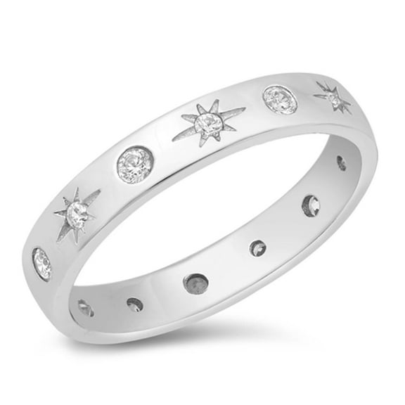 Clear Cubic Zirconia Star Moon Ring .925 Sterling Silver Band White Jewelry Female Male Size 4