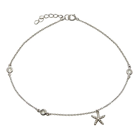 Clear Cubic Zirconia Starfish Anklet Rhodium Plated Sterling Silver