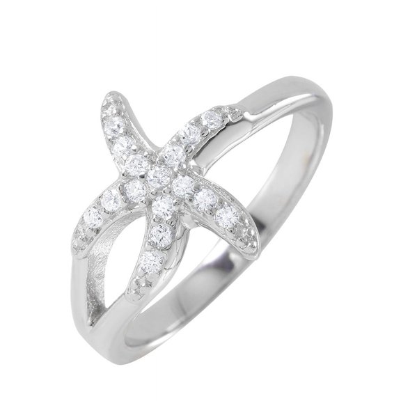 Clear Cubic Zirconia Starfish Split Shank Ring Rhodium Plated Sterling Silver Size 5