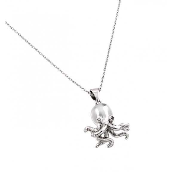 Clear Cubic Zirconia Stone Octopus Pendant Necklace Rhodium Plated Sterling Silver