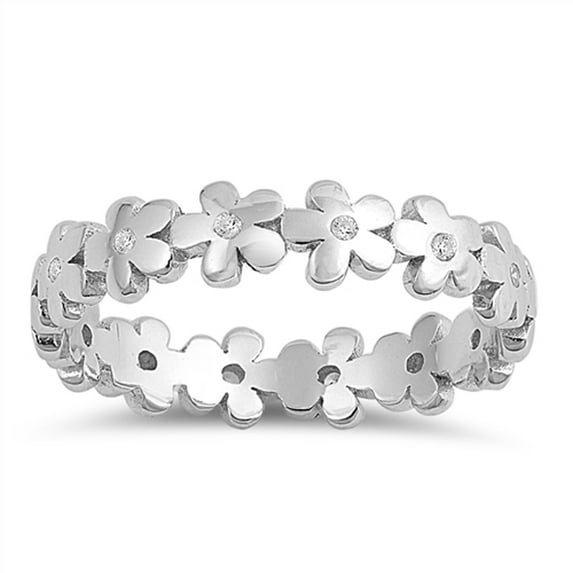 Clear Cubic Zirconia Studded Repeating Flower .925 Sterling Silver Band White Jewelry Female Size 2