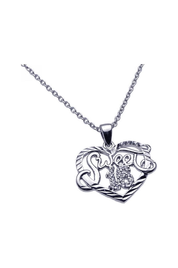 Clear Cubic Zirconia Sweet Sixteen Necklace Rhodium Plated Sterling Silver