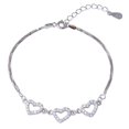 thumbnail image 1 of Clear Cubic Zirconia Three Hearts Double Box Chain Bracelet Rhodium Plated Sterling Silver, 1 of 2