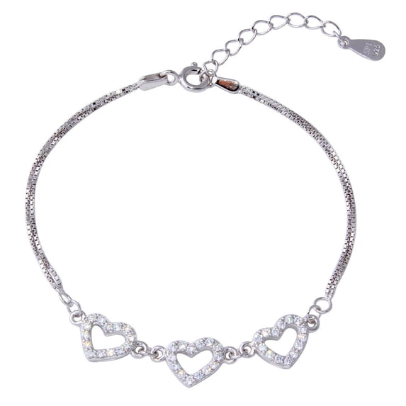 Clear Cubic Zirconia Three Hearts Double Box Chain Bracelet Rhodium Plated Sterling Silver