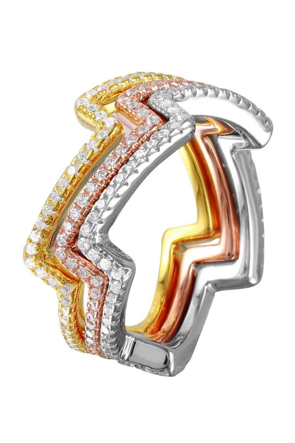 Clear Cubic Zirconia Three Zig Zag Stackable Bands Ring Tri-Tone plated Sterling Silver Size 5