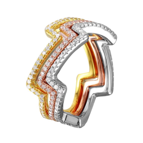Clear Cubic Zirconia Three Zig Zag Stackable Bands Ring Tri-Tone plated Sterling Silver Size 6