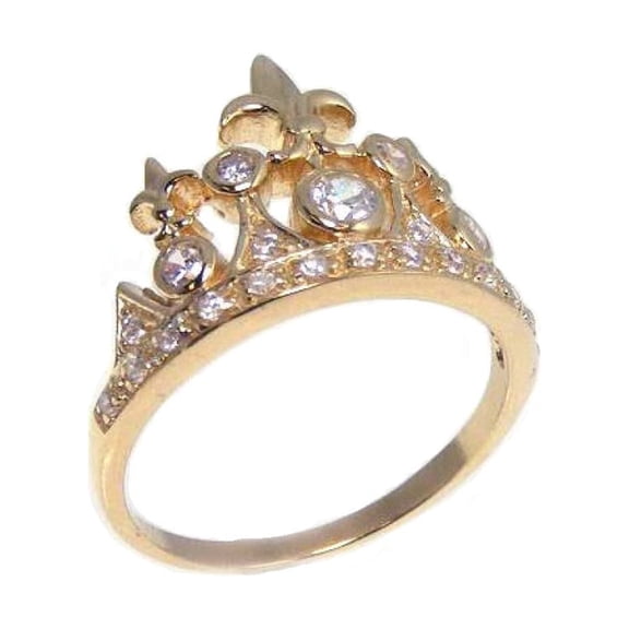 Clear Cubic Zirconia Tiara Crown Ring Gold-Tone Plated Sterling Silver Size 7