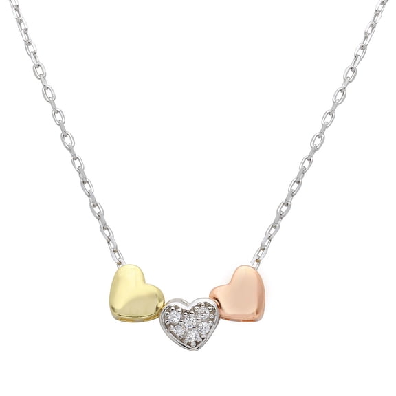 Clear Cubic Zirconia Tri Heart Necklace Rhodium Plated Sterling Silver