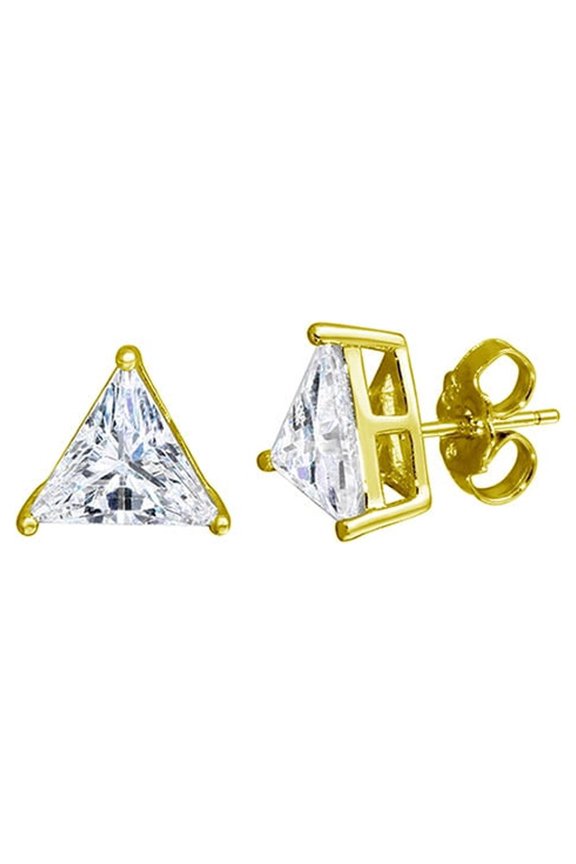 Clear Cubic Zirconia Triangle Stud Earrings Gold-Tone Plated Sterling Silver 6.5mm