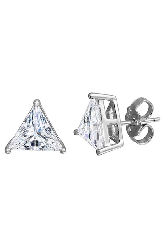 Clear Cubic Zirconia Triangle Stud Earrings Rhodium Plated Sterling Silver 6.5mm