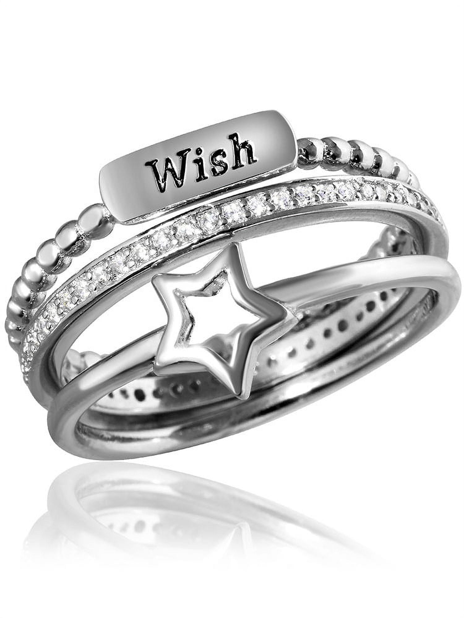 Clear Cubic Zirconia Triple Band Beaded Wish Star And Eternity Ring Rhodium Plated Sterling Silver Size 5