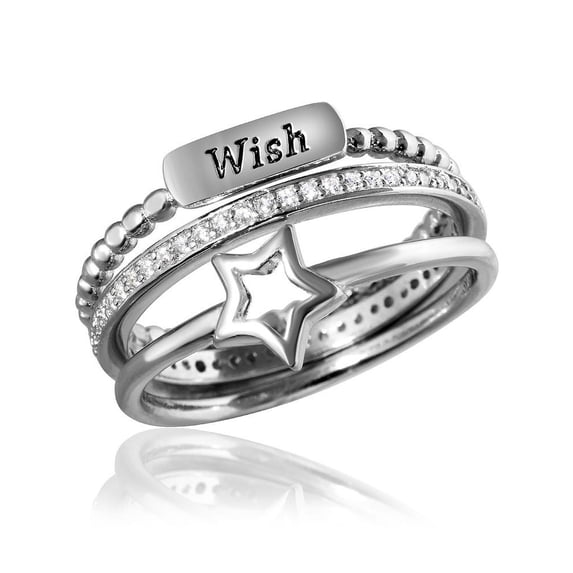 Clear Cubic Zirconia Triple Band Beaded Wish Star And Eternity Ring Rhodium Plated Sterling Silver Size 8