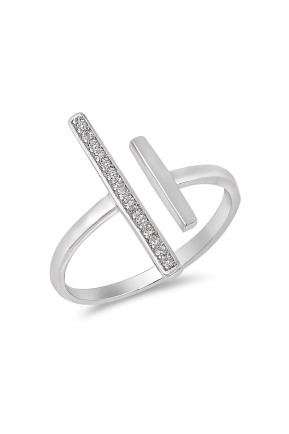 Clear Cubic Zirconia Two Bars Adjustable Band Ring Sterling Silver