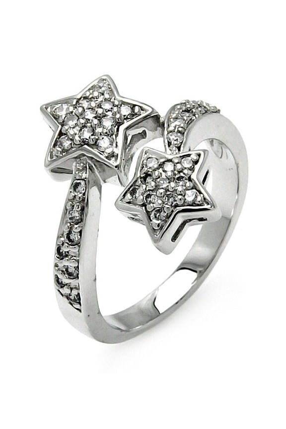 Clear Cubic Zirconia Two Shooting Stars Ring Rhodium Plated Sterling Silver Size 7