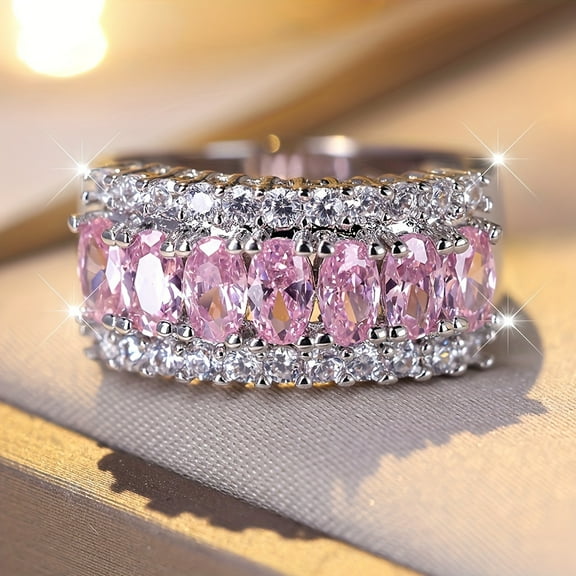 Clear Cubic Zirconia Wave Band Ring for Women - Bohemian Style, Copper with Silvery/Golden Finish, Ideal for Christmas Party & Daily Wear,Pink,10