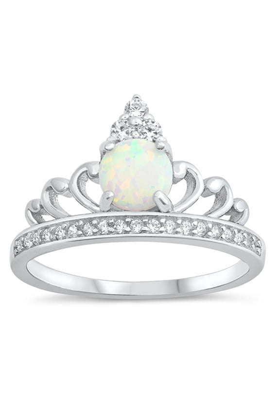 Clear Cubic Zirconia White Simulated Opal Tiara Ring 925 Sterling Silver Band Jewelry Female Size 9