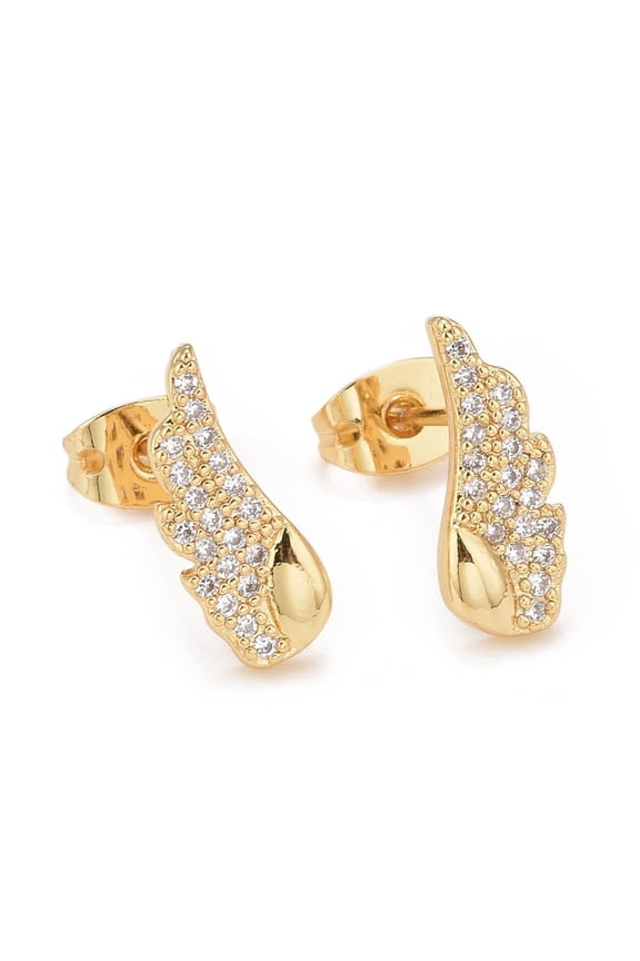 Clear Cubic Zirconia Wing Stud Earrings Real 18K Gold Plated Brass Jewelry for Women Cadmium Free & Lead Free Real 18K Gold Plated 13x5mm Pin: 0.8mm