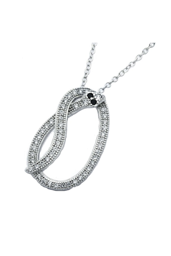 Clear Cubic Zirconia With Black Eyes Long Snake Necklace Rhodium Plated Sterling Silver