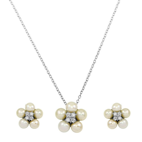 Clear Cubic Zirconia With Synthetic Pearls Flower Earrings Necklace Set Rhodium Plated Sterling Silver