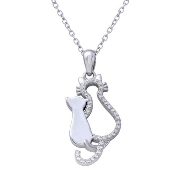 Clear Cubic Zirconia With White Simulated Opel Cat and Kitten Necklace Rhodium Plated Sterling Silver
