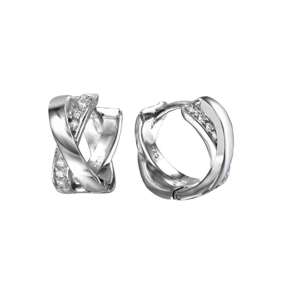 Clear Cubic Zirconia X Design Huggie Earrings Rhodium Plated Sterling Silver