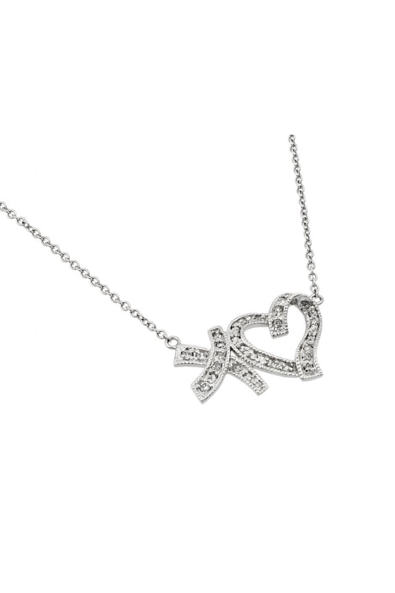 Clear Cubic Zirconia XO Heart Necklace Rhodium Plated Sterling Silver