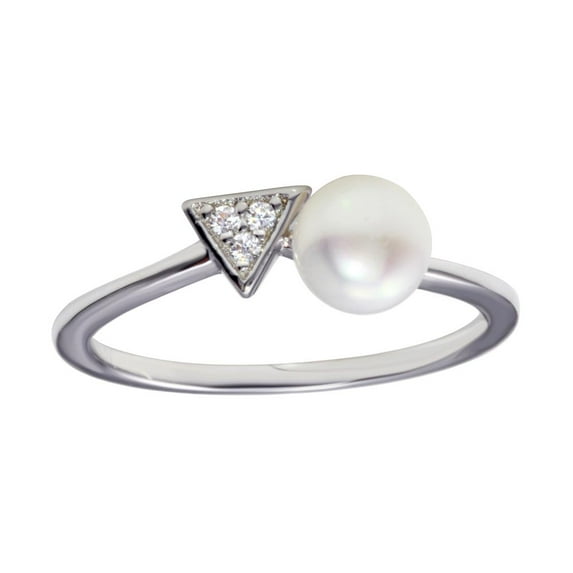 Clear Cubic Zirconia and Synthetic Pearl Bead Ring Rhodium Plated Sterling Silver Size 9