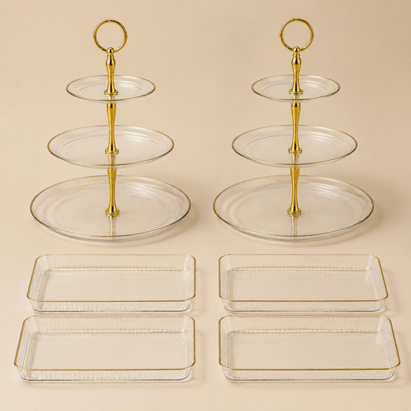 Clear Cupcake Display Stand Set 3 Tier Dessert Treat Stands Serving Tower Tray with Gold Rim Rectangle Serving Trays Candy Cookie Sandwich Stand for Wedding Birthday Tea Party