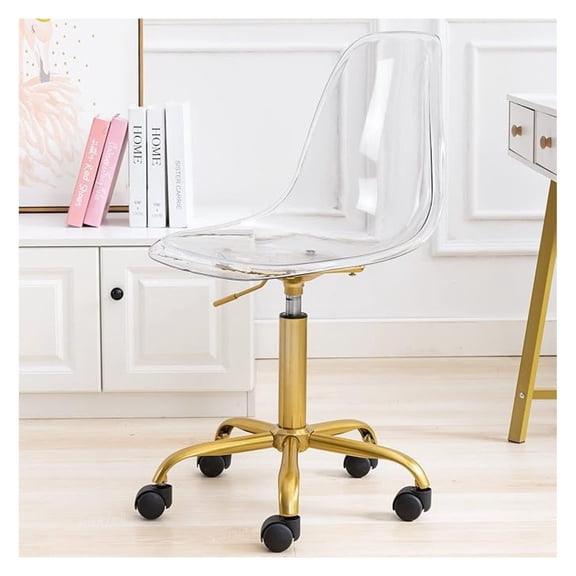 Clear Desk Chair, Acrylic Rolling Armless Vanity Swivel Height Adjustable Ghost Molded Plastic Home Office Chairs with Golden Feet