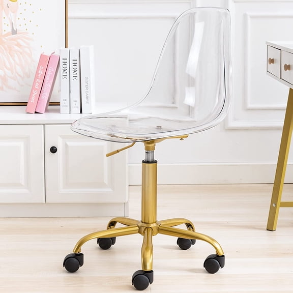 Clear Desk Chair, Acrylic Rolling Armless Vanity Swivel Height Adjustable Ghost Molded Plastic Home Office Chairs with Golden Feet