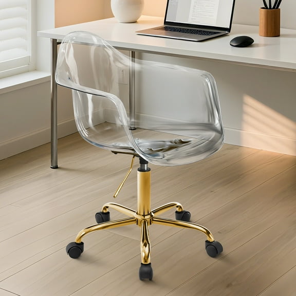 Clear Desk Chair, Adjustable Acrylic Home Office Chair with Wheels, Swivel Vanity Rolling Chair Swivel Task Chair for Office, Home, Make Up, Small Space, Bed Room(Gold)