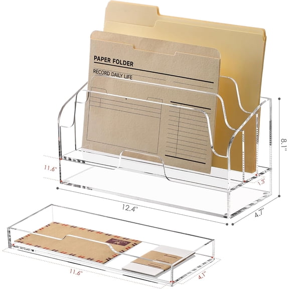 Clear Desk Organizer Holder with Drawers, Acrylic Desktop Manila Folders File Mail Sorter Box, Office Desk Accessories & Workspace Envelope Bill Letter Organization Racks, 3 Compartments